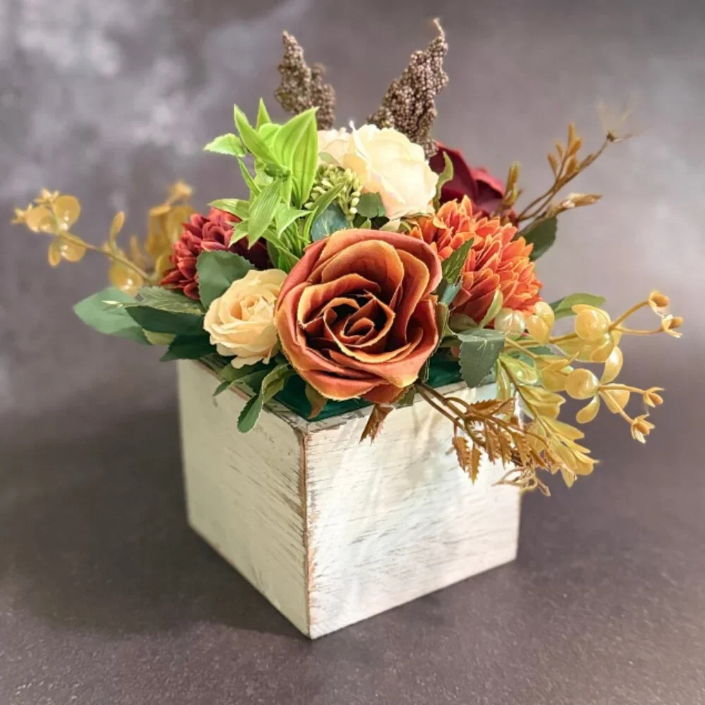 Fall Faux Floral Arrangement in Rustic Wooden Box – Home or Office Decor